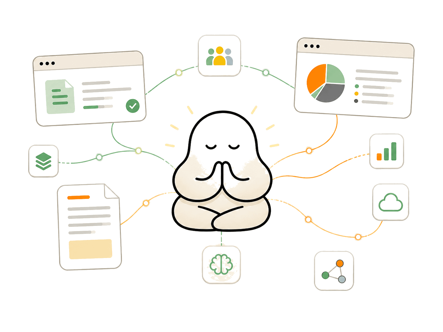 A meditating ghost surrounded by documents, dashboards, and integrations — a Flowser agent absorbing your business context.